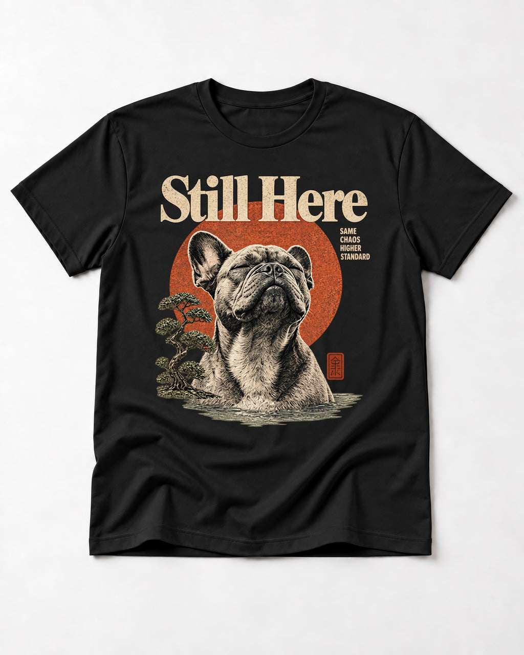 Frenchie Still Here Bonsai Portrait Graphic T-Shirt in Black, flat lay product photo