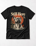 Frenchie Still Here Bonsai Portrait Graphic T-Shirt in Black, flat lay product photo