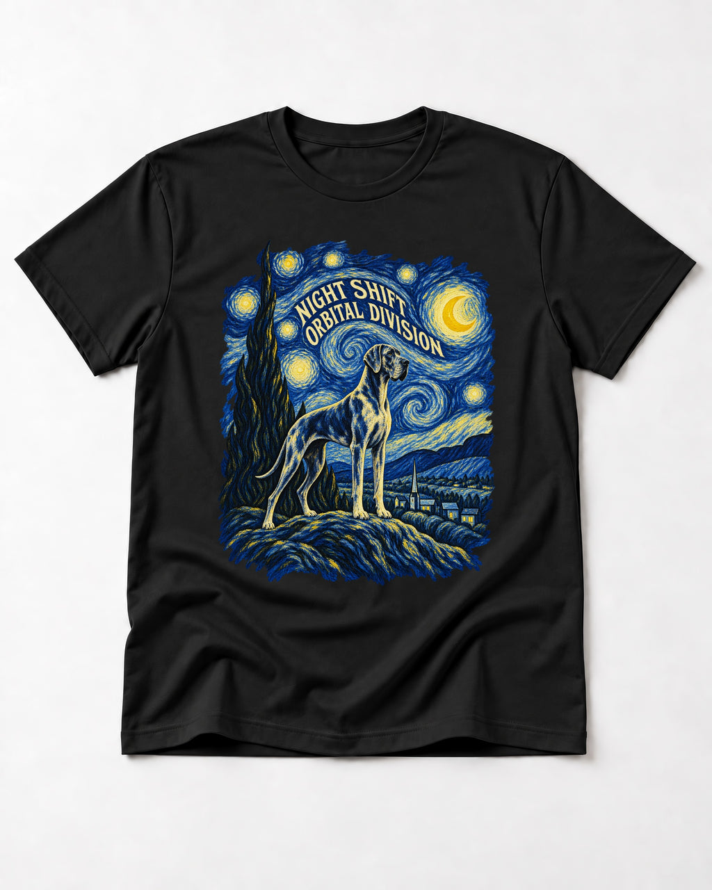 Great Dane Night Shift Orbital Division Starry Sky Graphic T-Shirt in Black, flat lay product photo
