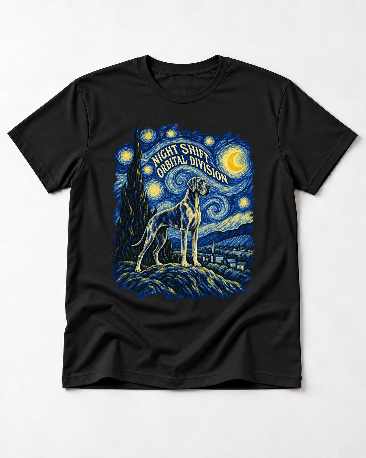 Great Dane Night Shift Orbital Division Starry Sky Graphic T-Shirt in Black, flat lay product photo