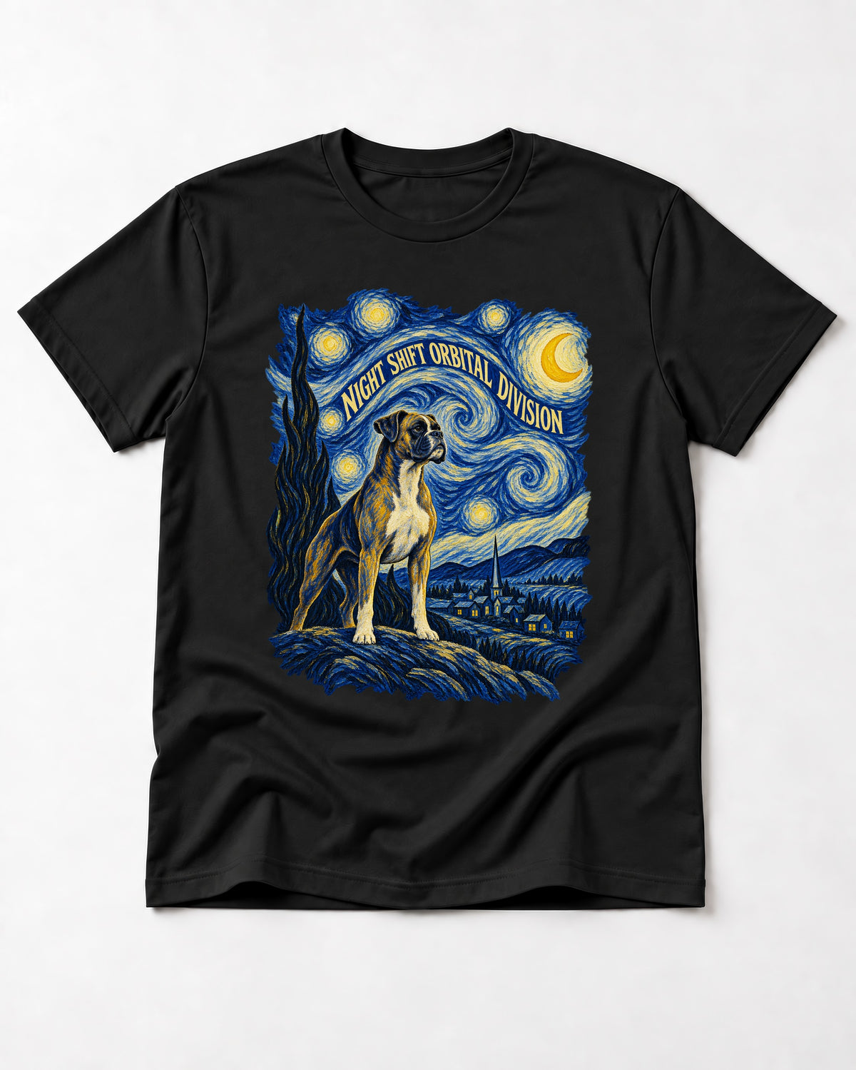 Night Shift Orbital Division Boxer Night Sky Graphic T-Shirt in Black, flat lay product photo