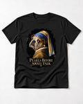 English Bulldog Pearls Before Small Talk Portrait T-Shirt in Black, flat lay product photo