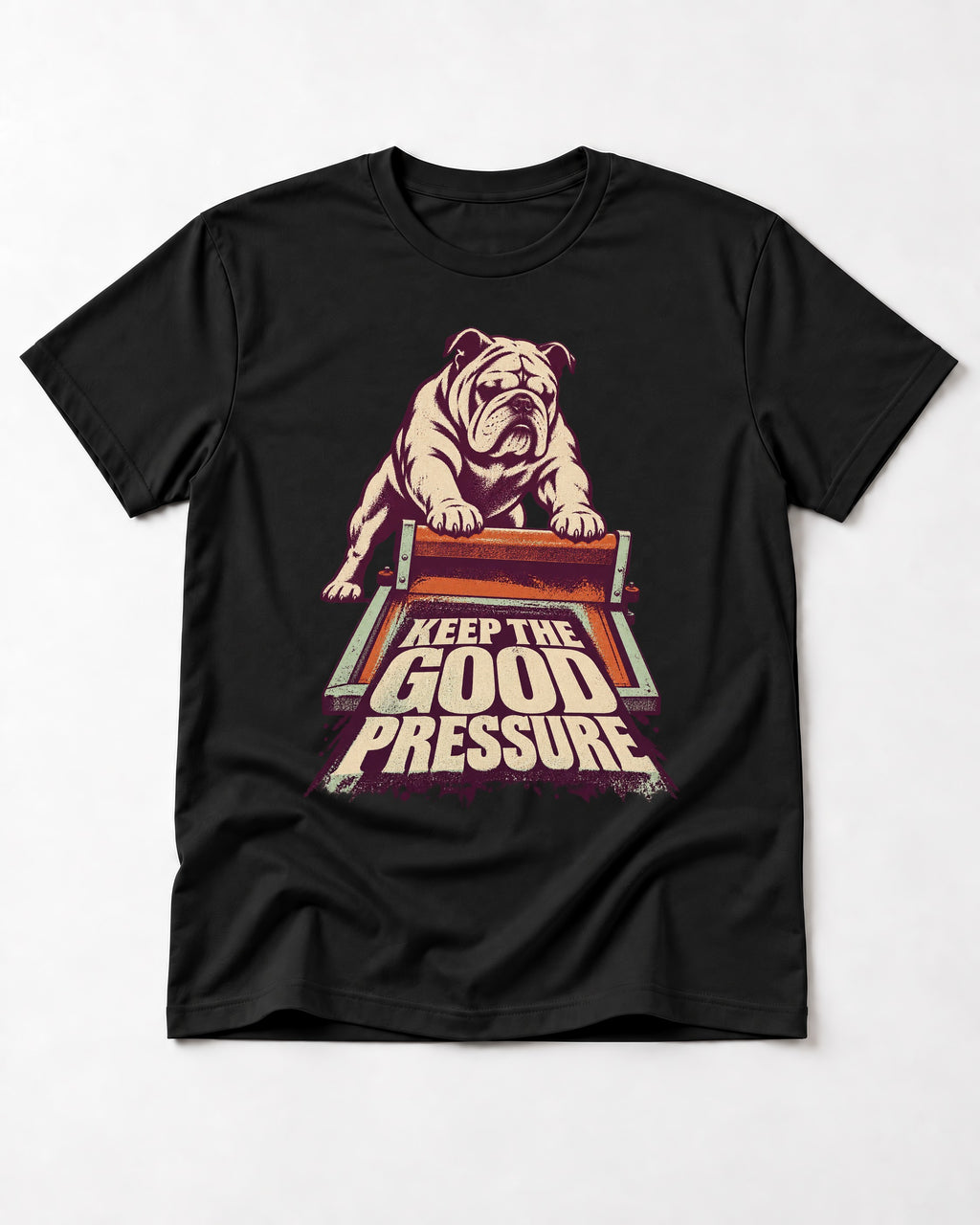 English Bulldog Keep the Good Pressure Printing Press Graphic T-Shirt in Black, flat lay product photo