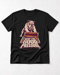 English Bulldog Keep the Good Pressure Printing Press Graphic T-Shirt in Black, flat lay product photo