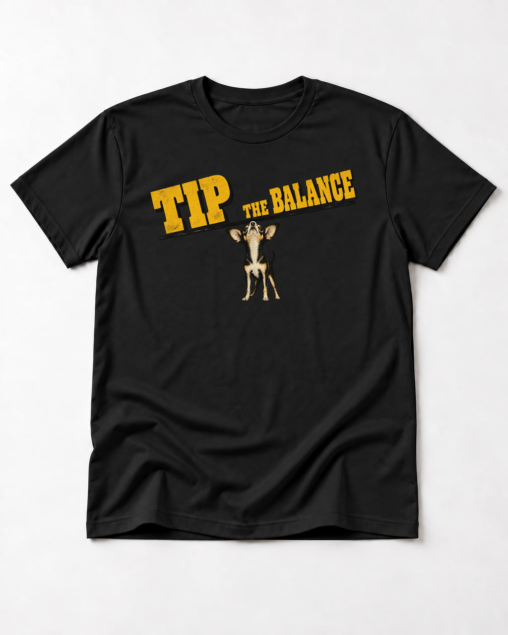 Chihuahua Tip the Balance Beam Graphic T-Shirt in Black, flat lay product photo