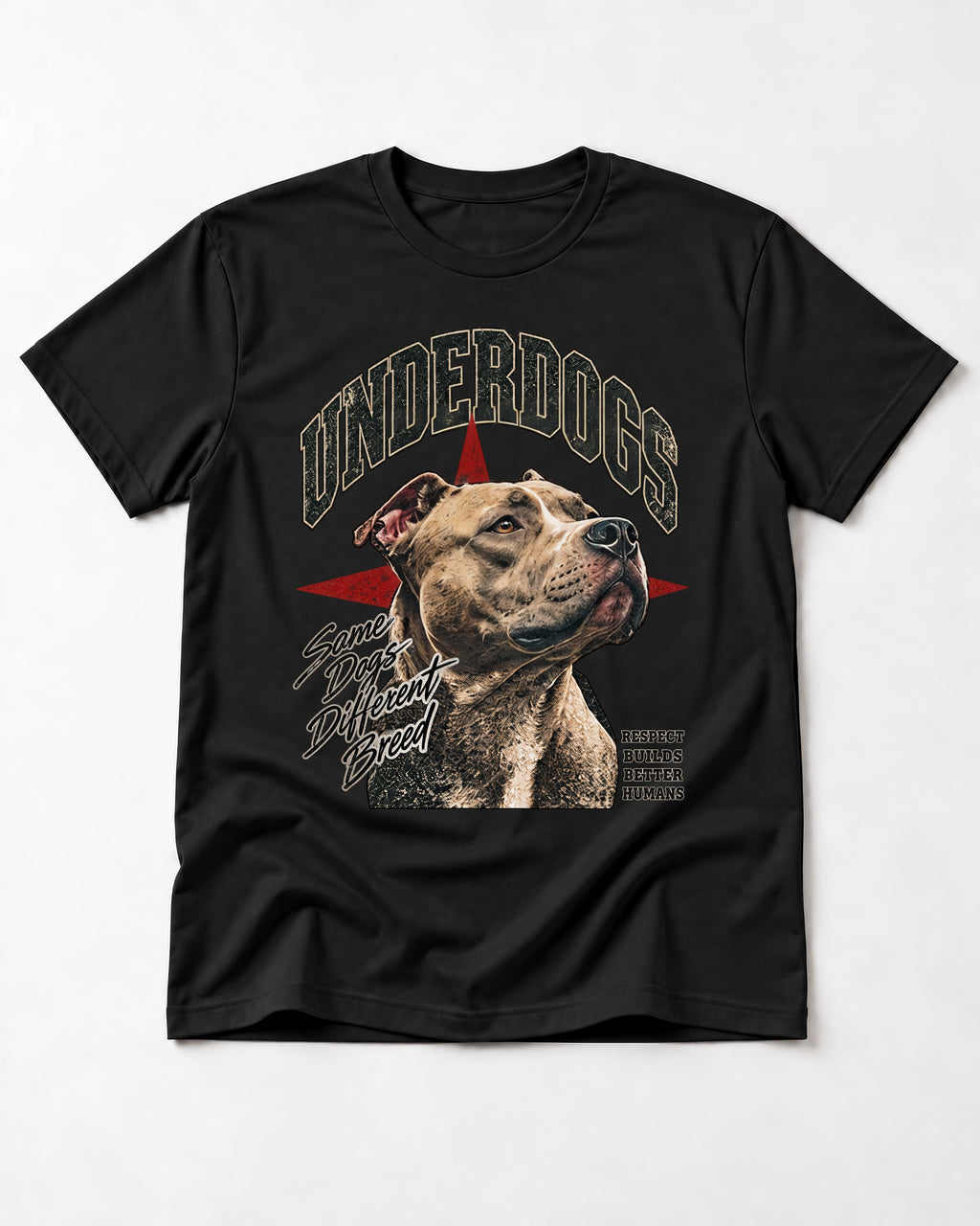 Pitbull Underdogs Same Dogs Different Breed Portrait Graphic T-Shirt in Black, flat lay product photo