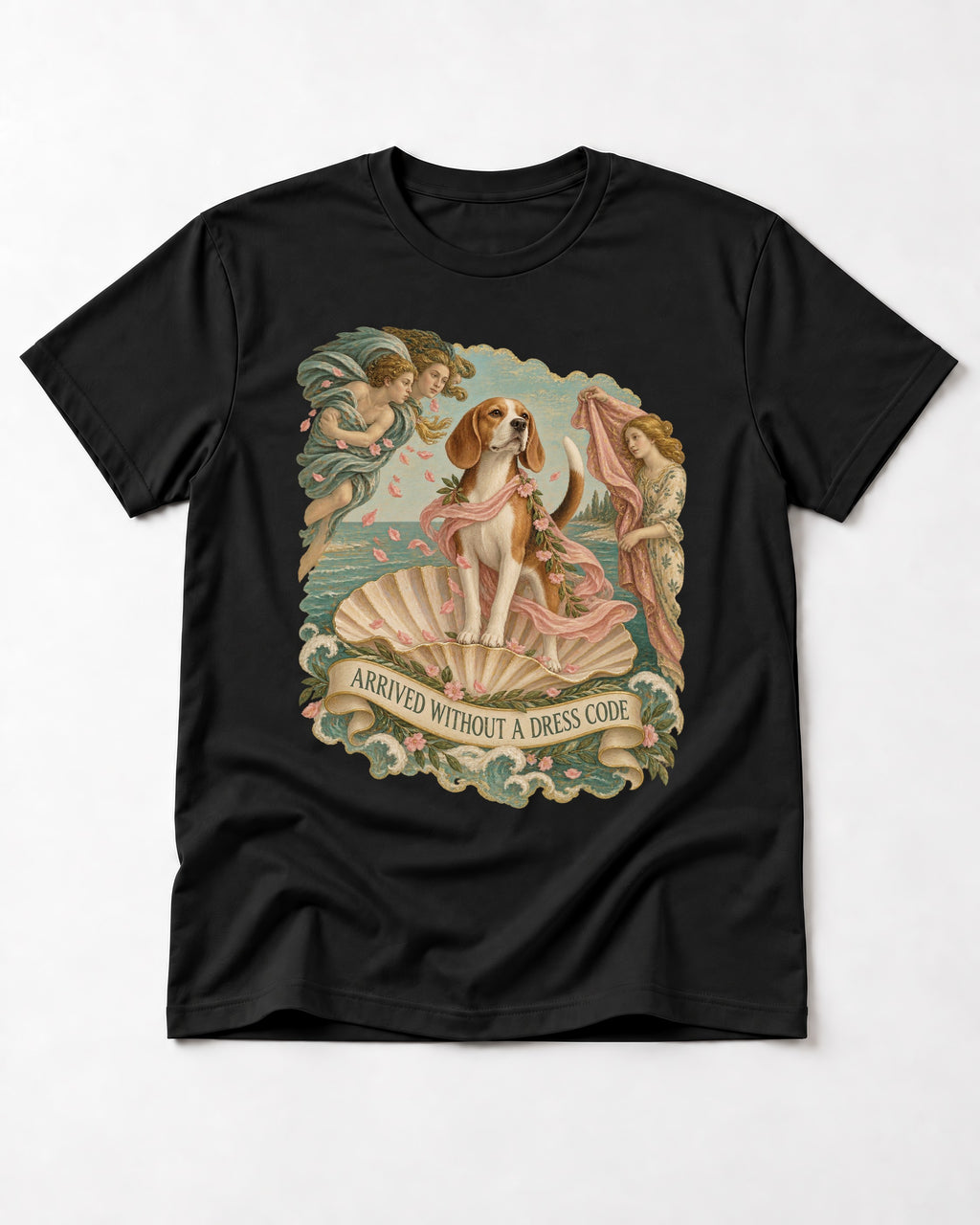 Beagle Arrived Without A Dress Code T-Shirt in Black, flat lay product photo