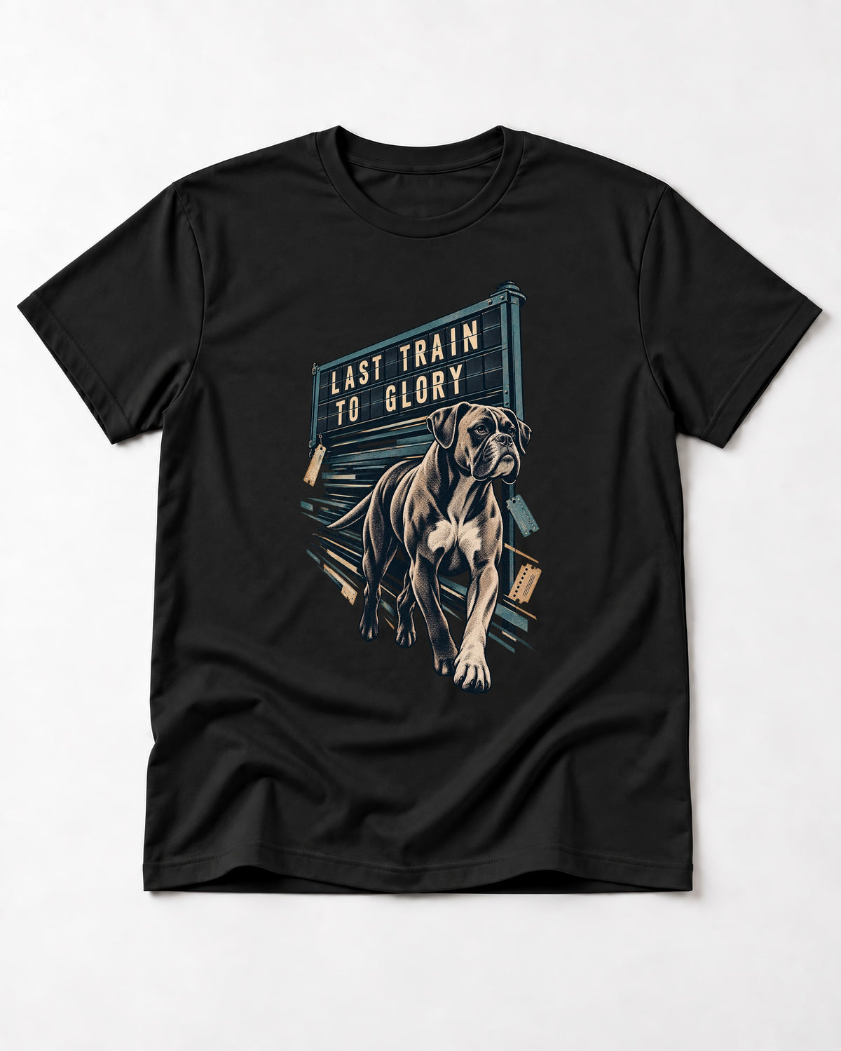 Last Train to Glory Boxer T-Shirt in Black, flat lay product photo