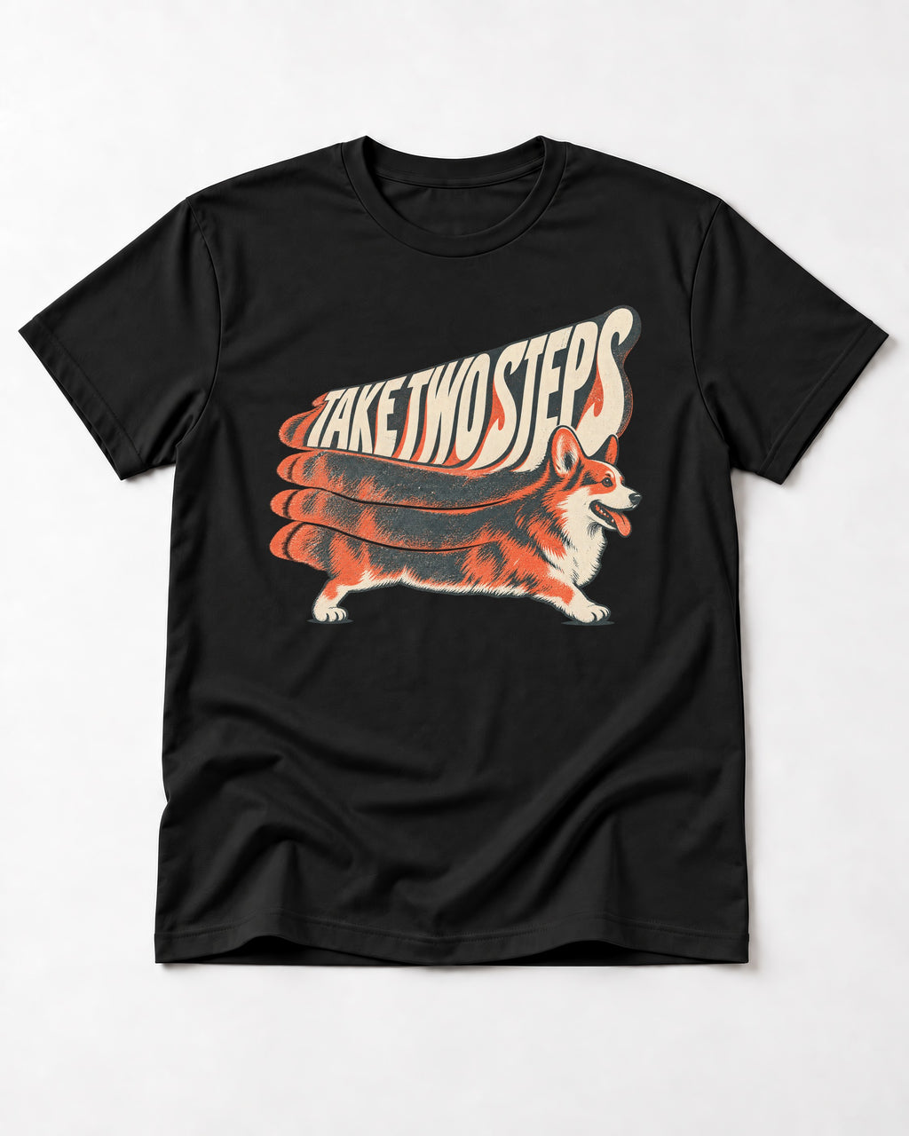 Corgi Take Two Steps Motion Trail Graphic T-Shirt in Black, flat lay product photo