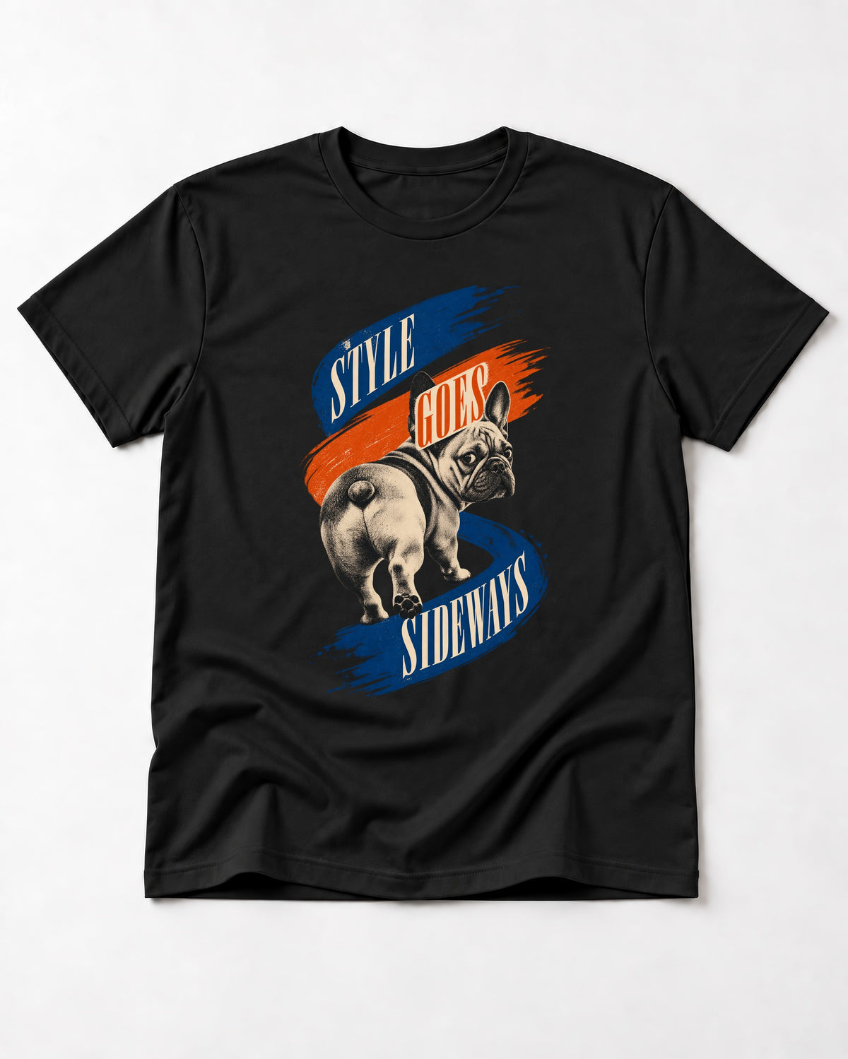 Frenchie Style Goes Sideways Graphic T-Shirt in Black, flat lay product photo
