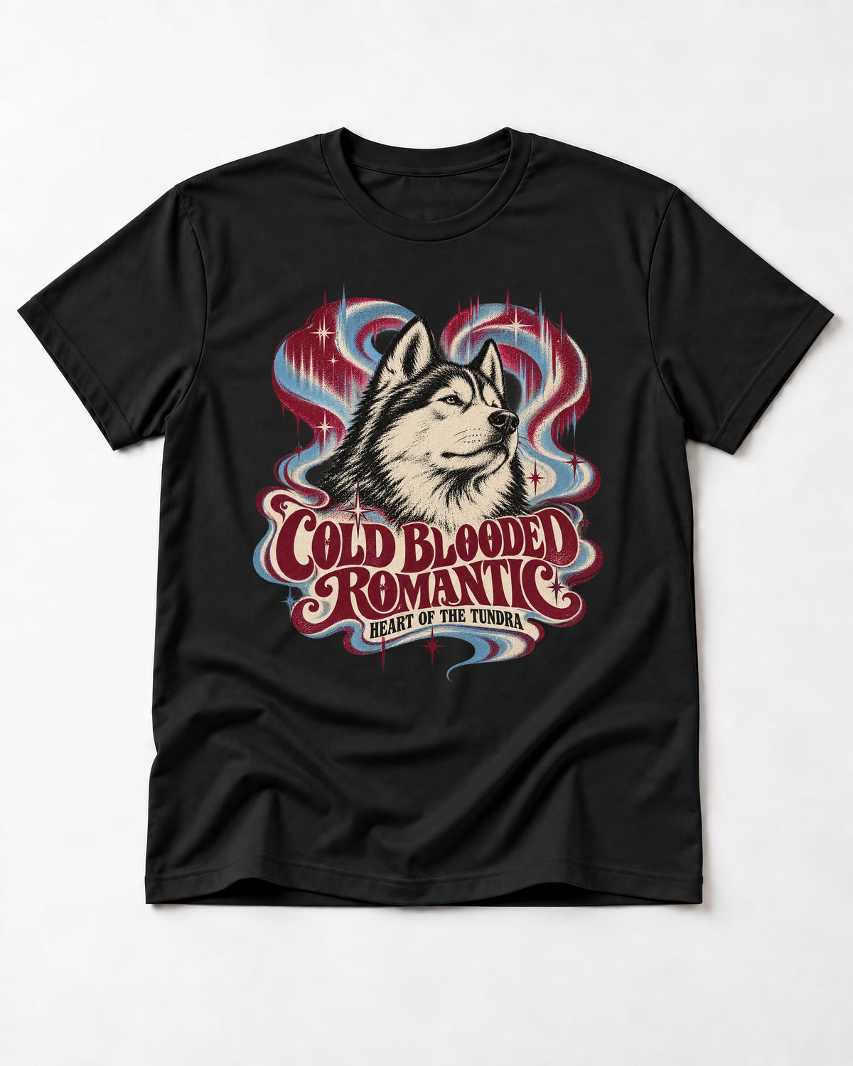 Husky Cold Blooded Romantic Heart of the Tundra Graphic T-Shirt in Black, flat lay product photo
