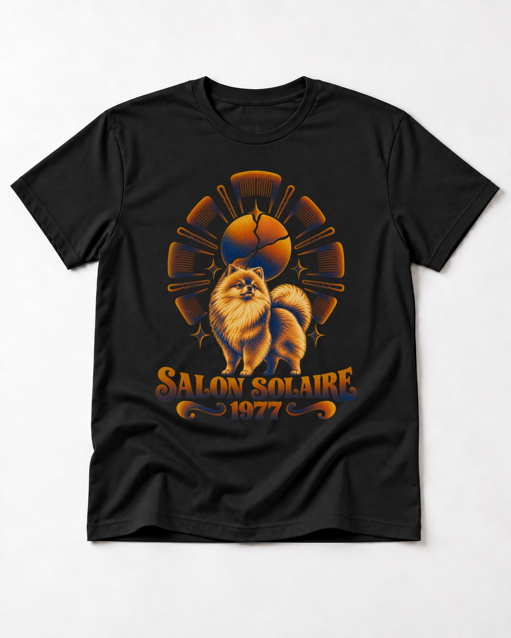 Pomeranian Salon Solaire 1977 Hairbrush Halo Graphic T-Shirt in Black, flat lay product photo