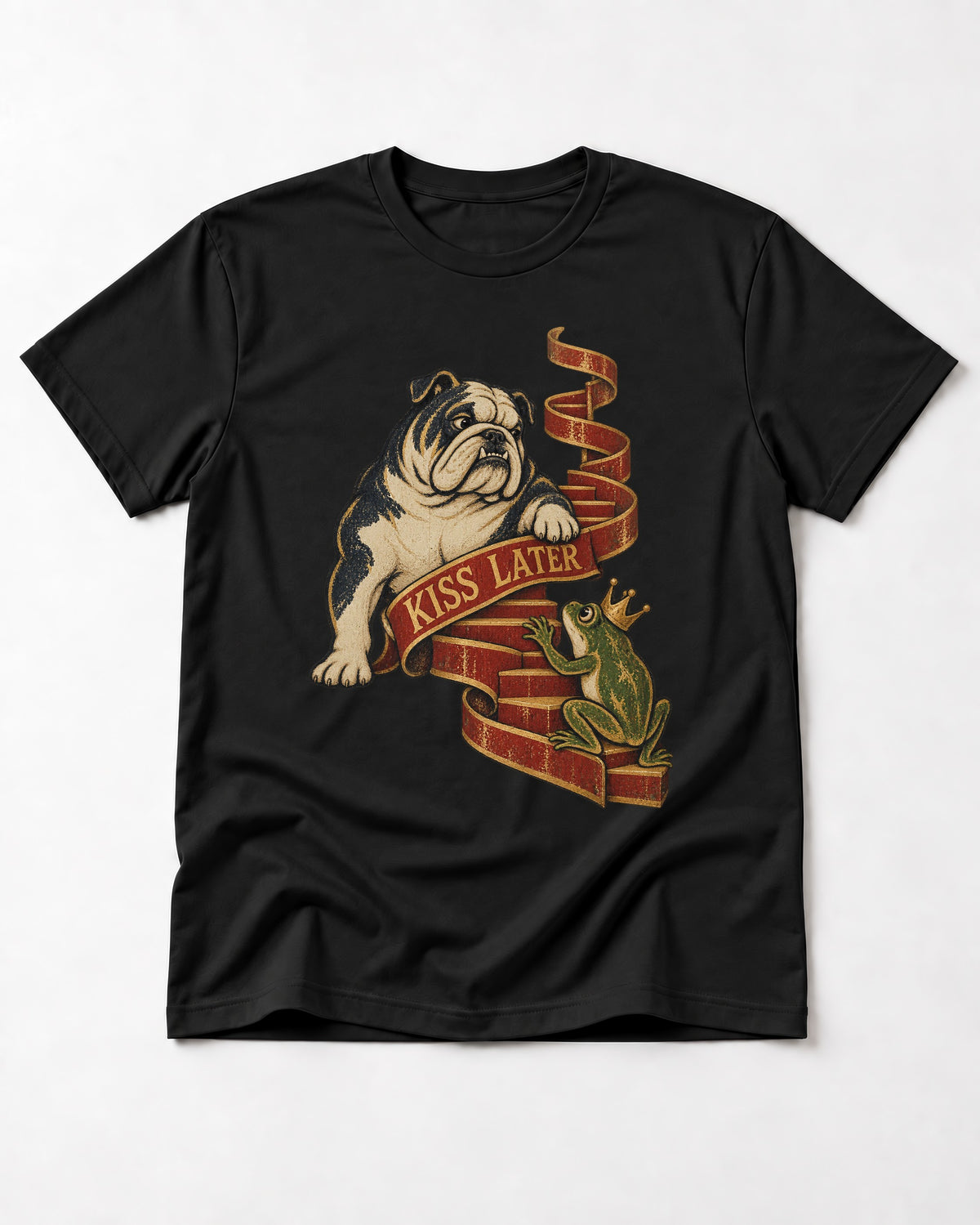 English Bulldog Kiss Later Frog Prince Graphic T-Shirt in Black, flat lay product photo