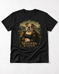 English Bulldog Mystery Wears Well Mona Lisa Portrait T-Shirt in Black, flat lay product photo