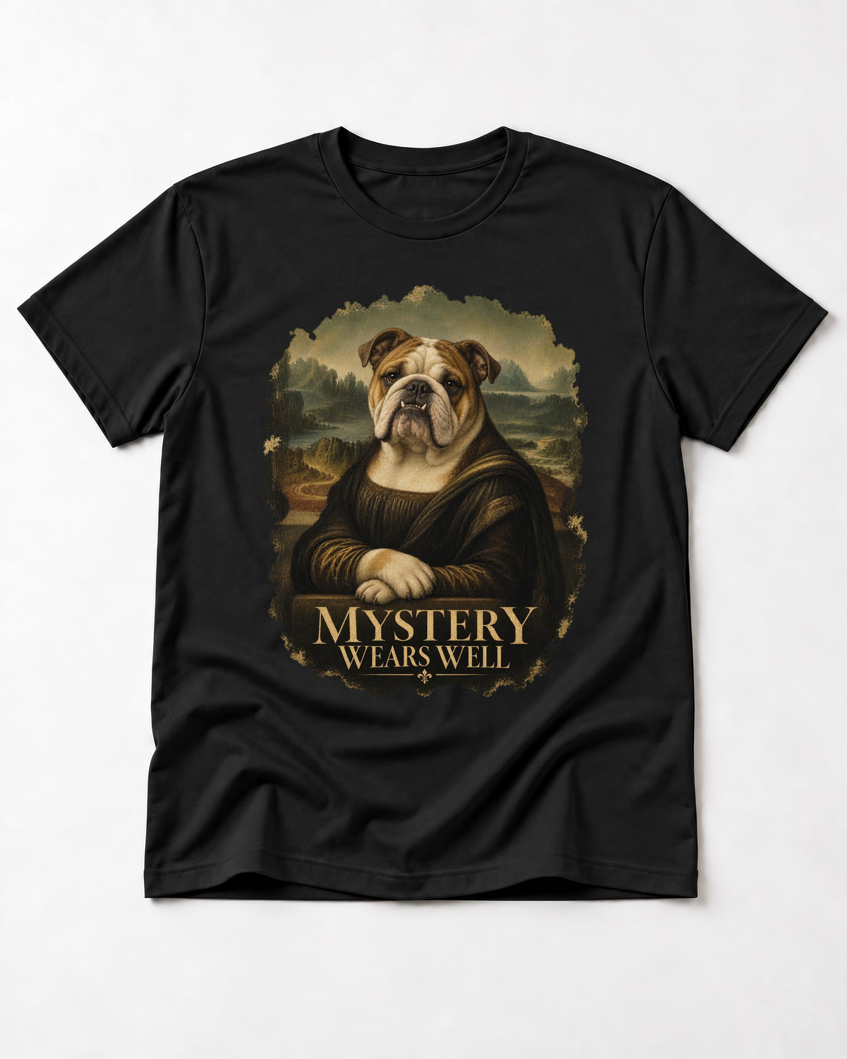 English Bulldog Mystery Wears Well Mona Lisa Portrait T-Shirt in Black, flat lay product photo