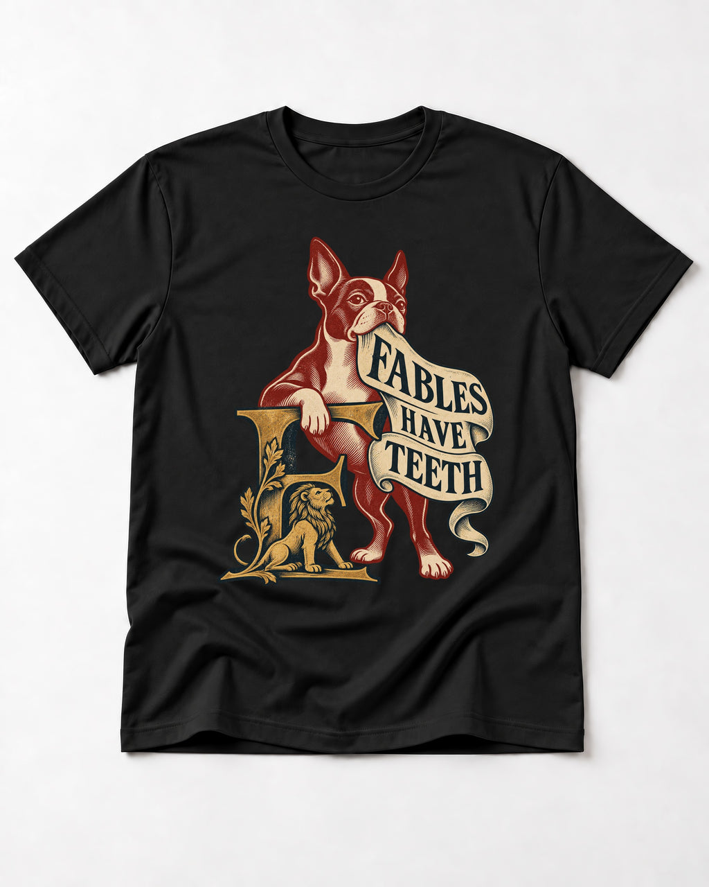 Boston Terrier Fables Have Teeth T-Shirt in Black, flat lay product photo