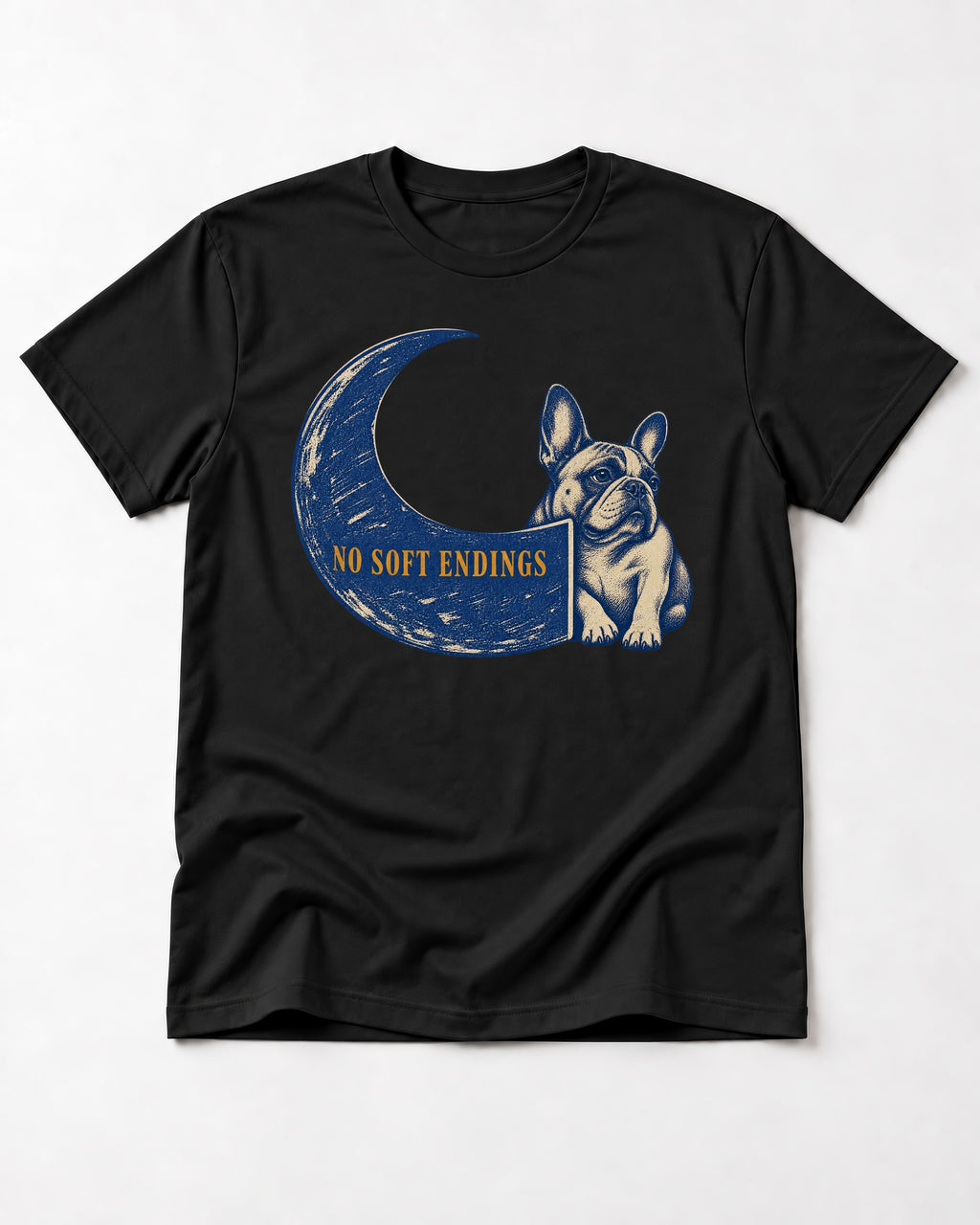 Frenchie No Soft Endings Crescent Graphic T-Shirt in Black, flat lay product photo