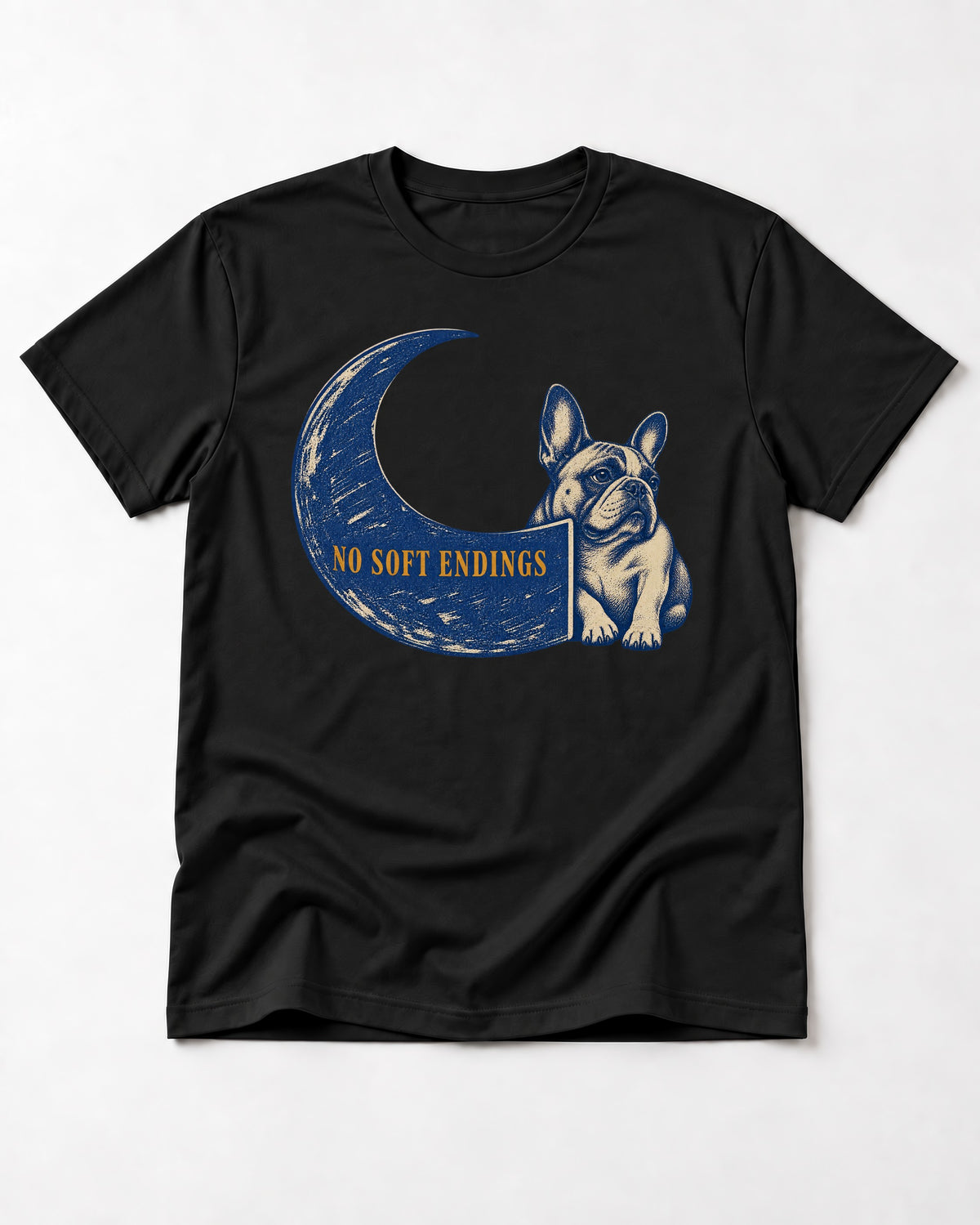 Frenchie No Soft Endings Crescent Graphic T-Shirt in Black, flat lay product photo
