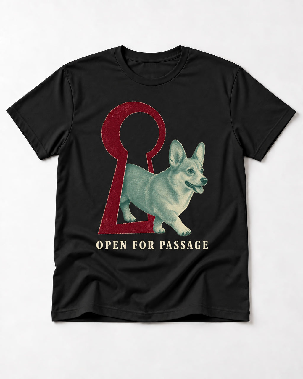 Corgi Open for Passage Keyhole Graphic T-Shirt in Black, flat lay product photo
