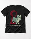 Corgi Open for Passage Keyhole Graphic T-Shirt in Black, flat lay product photo