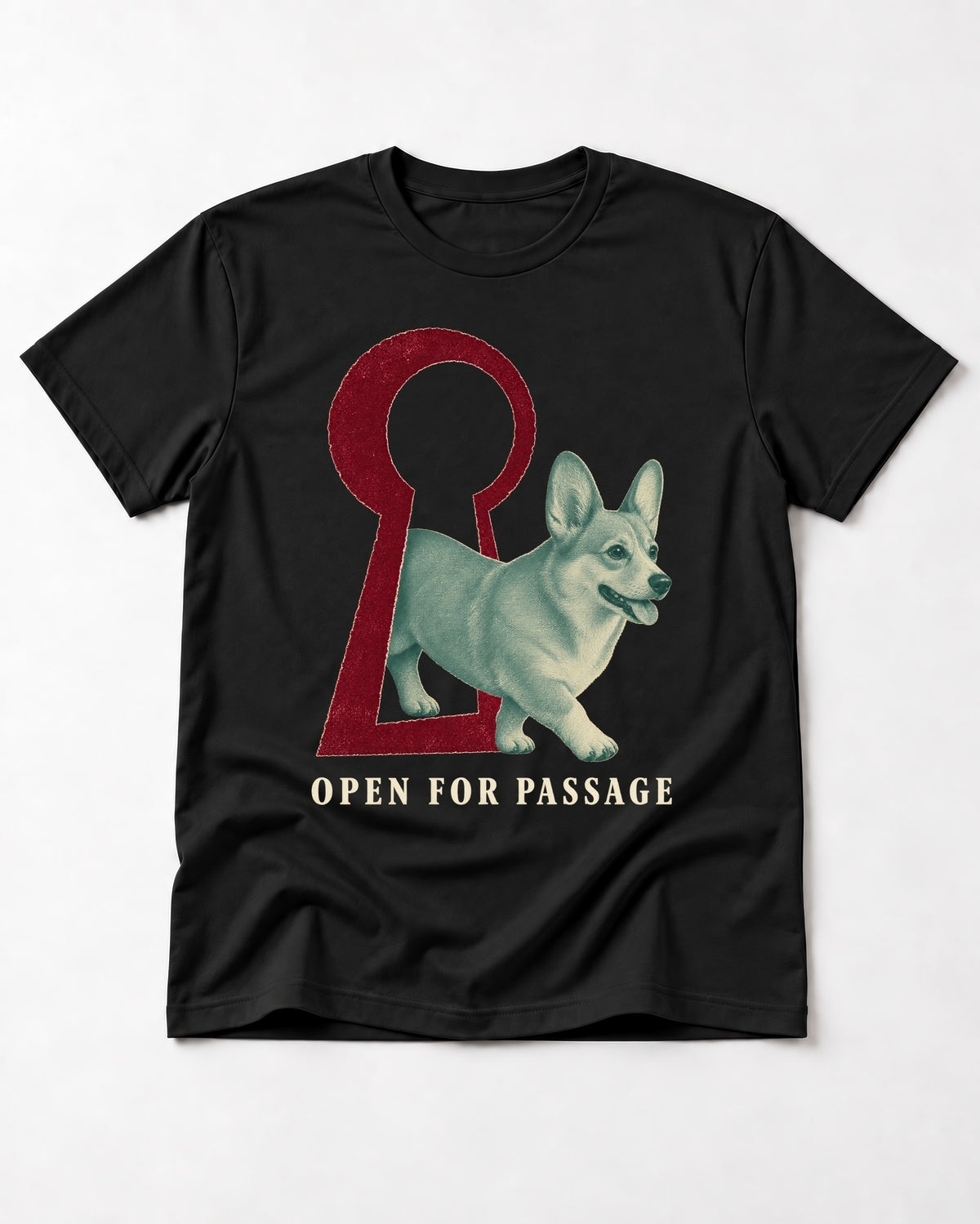 Corgi Open for Passage Keyhole Graphic T-Shirt in Black, flat lay product photo