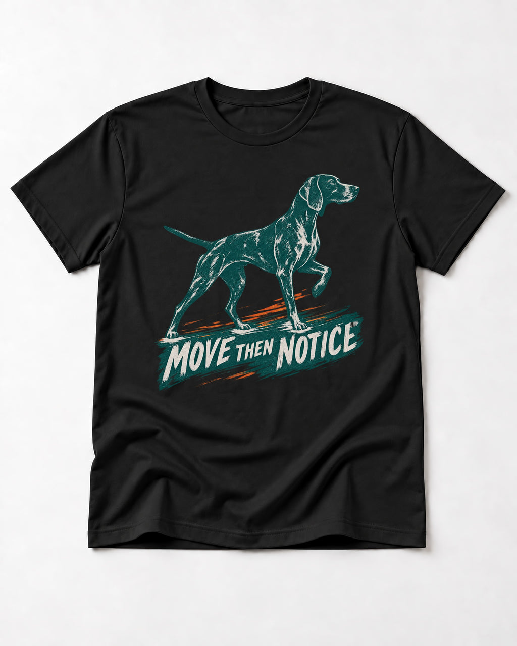 German Shorthaired Pointer Move Then Notice Brushstroke Graphic T-Shirt in Black, flat lay product photo
