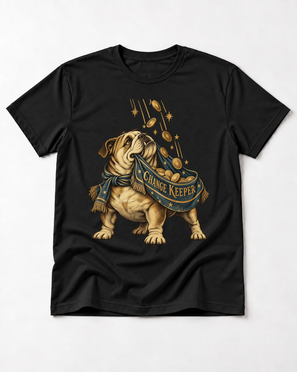English Bulldog Change Keeper Coin Scarf Graphic T-Shirt in Black, flat lay product photo