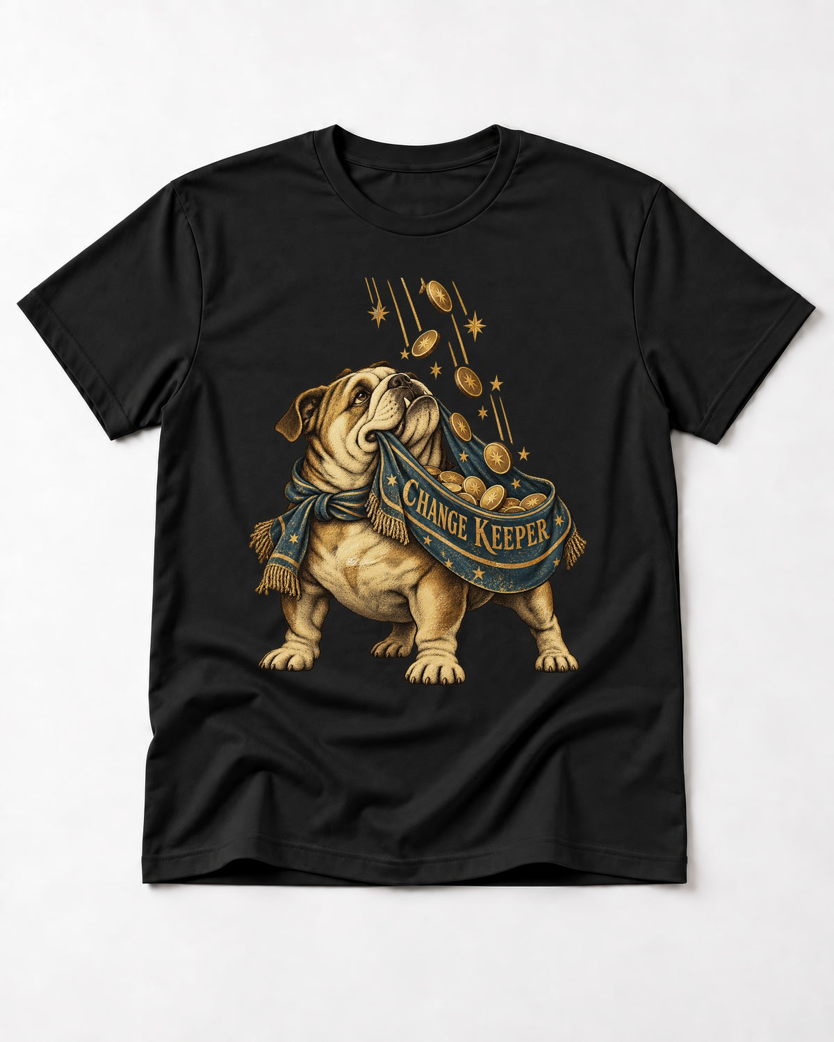 English Bulldog Change Keeper Coin Scarf Graphic T-Shirt in Black, flat lay product photo