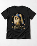 Pomeranian Quiet Luxury Loud Eyes Pearl Portrait Graphic T-Shirt in Black, flat lay product photo