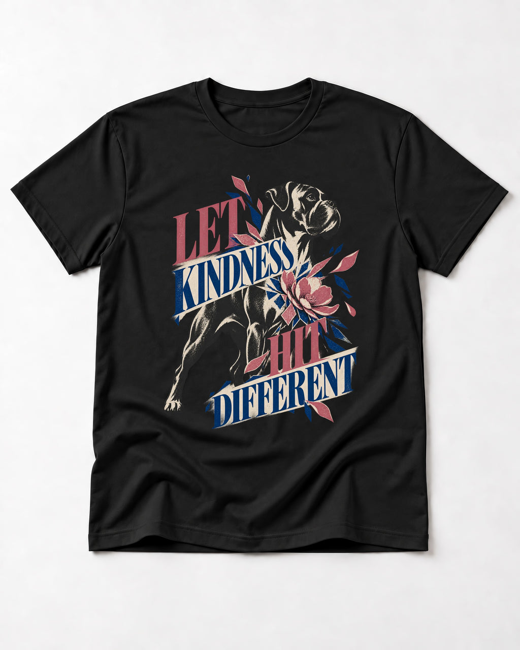 Let Kindness Hit Different Boxer Floral Collage T-Shirt in Black, flat lay product photo