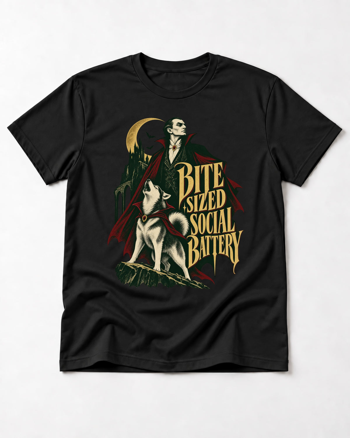 Husky Bite Sized Social Battery Vampire Graphic T-Shirt in Black, flat lay product photo