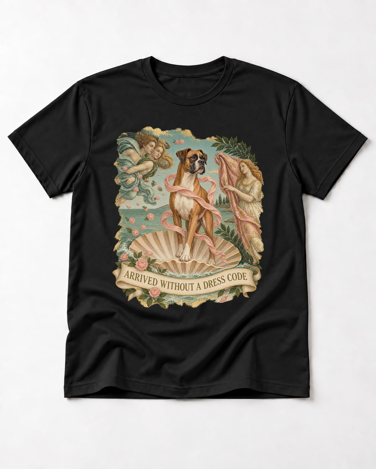 Arrived Without a Dress Code Boxer Classical Collage T-Shirt in Black, flat lay product photo