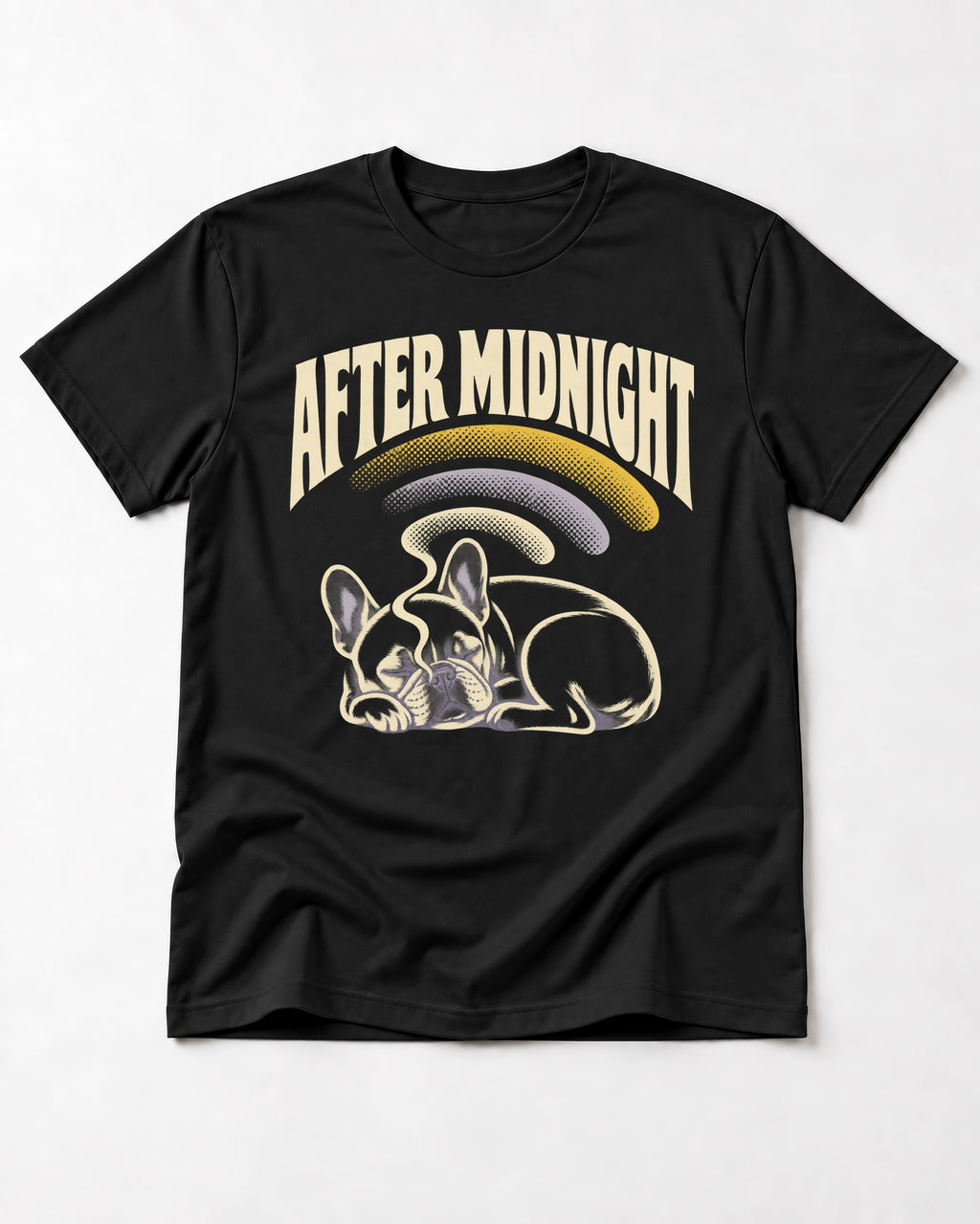 Frenchie After Midnight Sleeping Graphic T-Shirt in Black, flat lay product photo