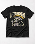 Frenchie After Midnight Sleeping Graphic T-Shirt in Black, flat lay product photo