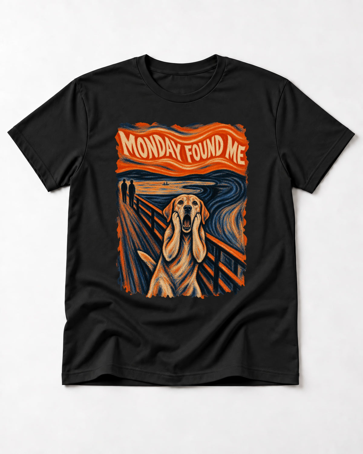 Labrador Retriever Monday Found Me Scream Parody Graphic T-Shirt in Black, flat lay product photo
