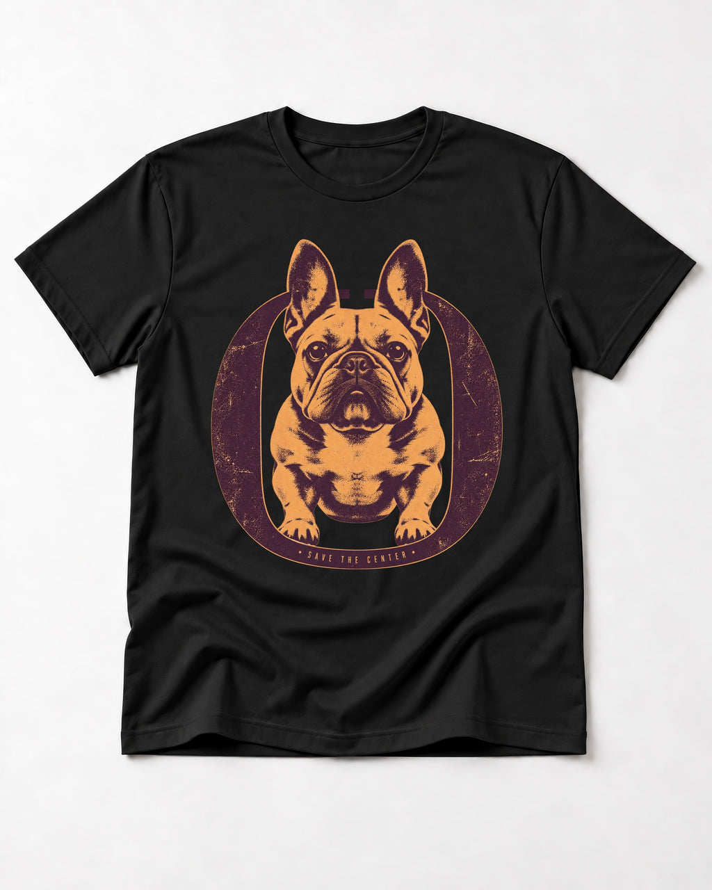 Frenchie Save the Center Oval Portrait Graphic T-Shirt in Black, flat lay product photo