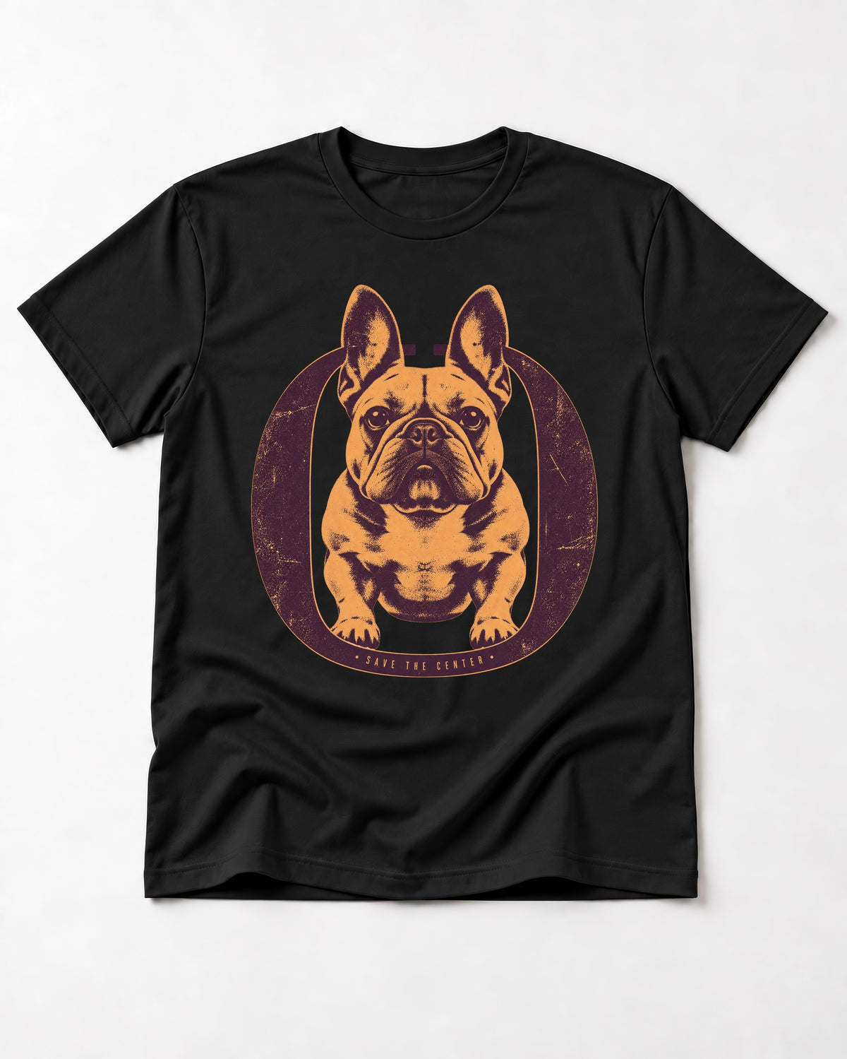 Frenchie Save the Center Oval Portrait Graphic T-Shirt in Black, flat lay product photo