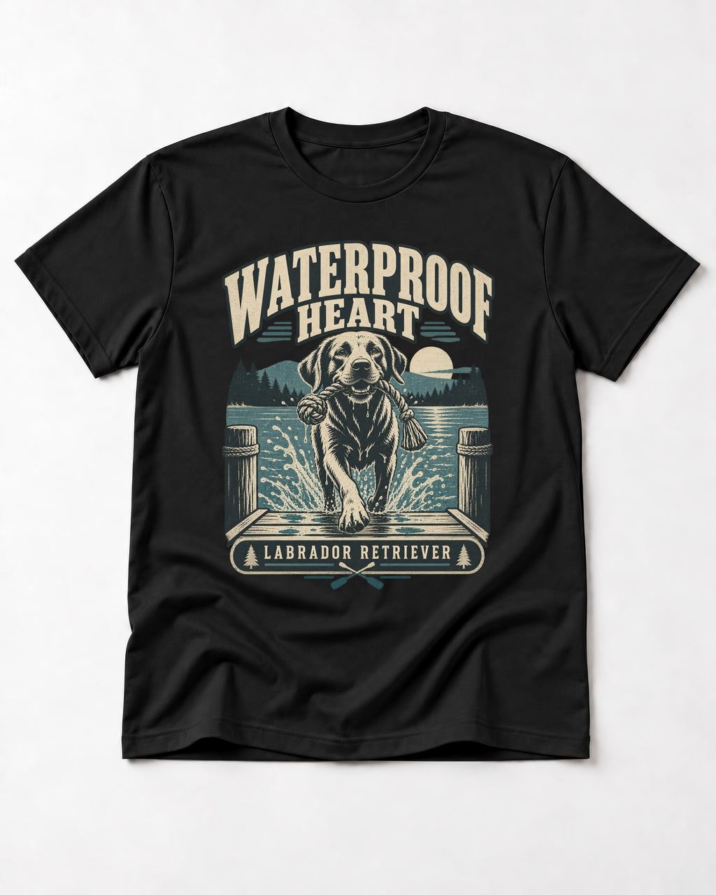 Labrador Retriever Waterproof Heart Lake Adventure Graphic T-Shirt in Black, flat lay product photo