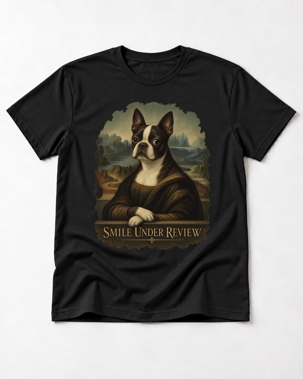 Smile Under Review Boston Terrier Mona Lisa Portrait T-Shirt in Black, flat lay product photo