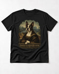 Smile Under Review Boston Terrier Mona Lisa Portrait T-Shirt in Black, flat lay product photo
