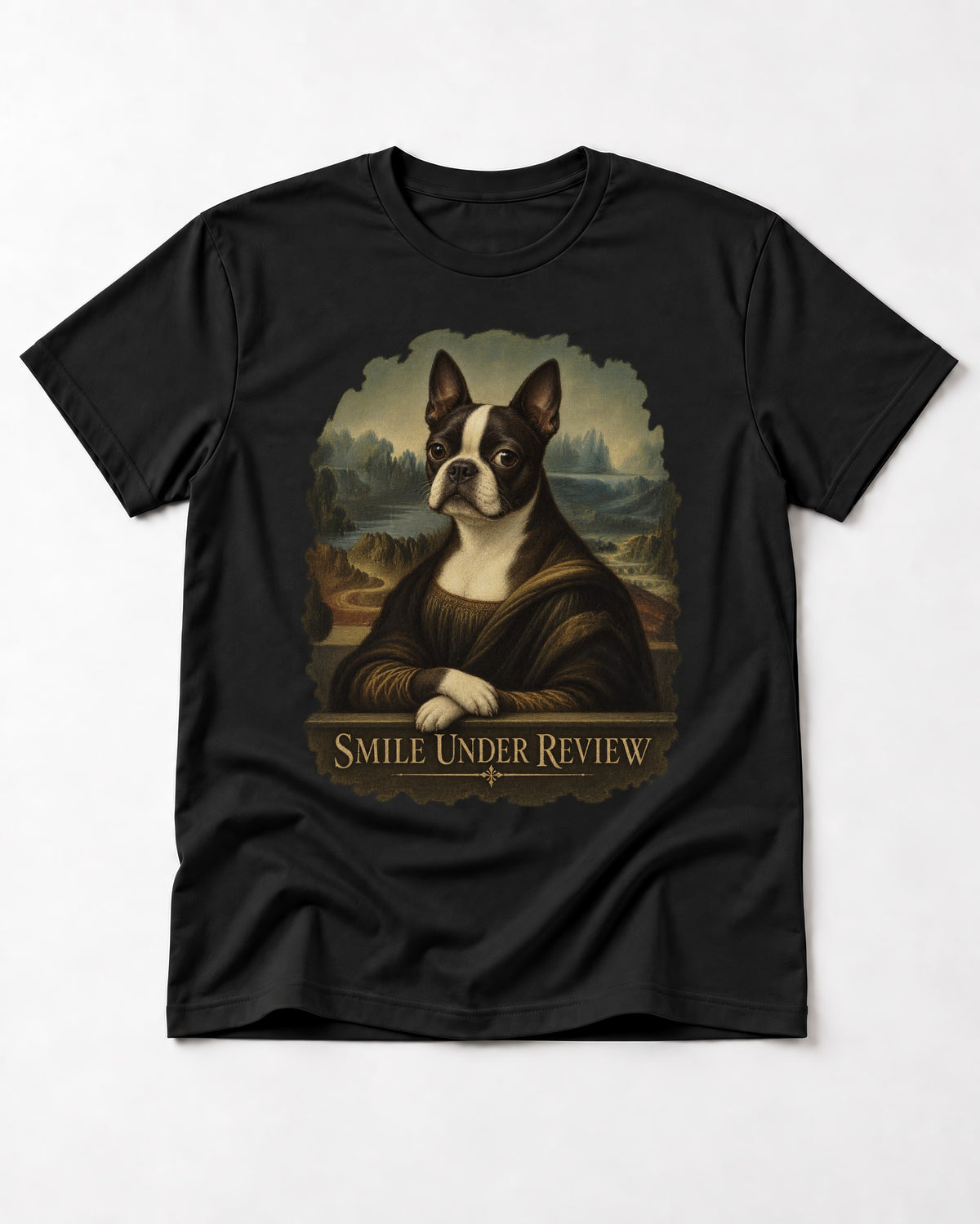 Smile Under Review Boston Terrier Mona Lisa Portrait T-Shirt in Black, flat lay product photo