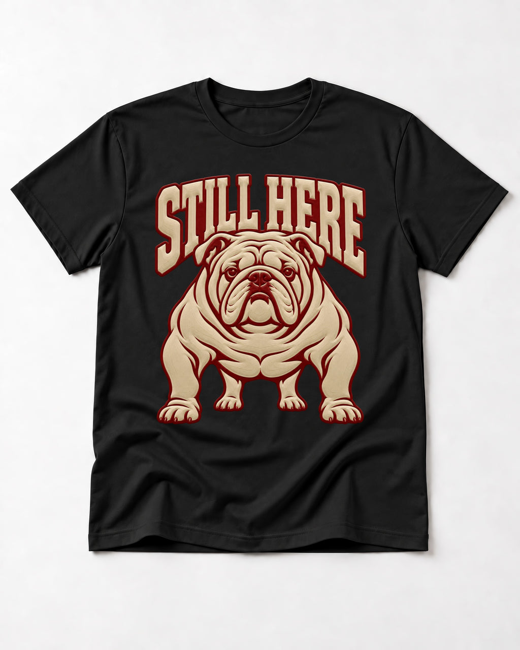 English Bulldog Still Here Collegiate Graphic T-Shirt in Black, flat lay product photo