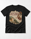 Corgi Divine Timing Still Loading Creation Parody T-Shirt in Black, flat lay product photo