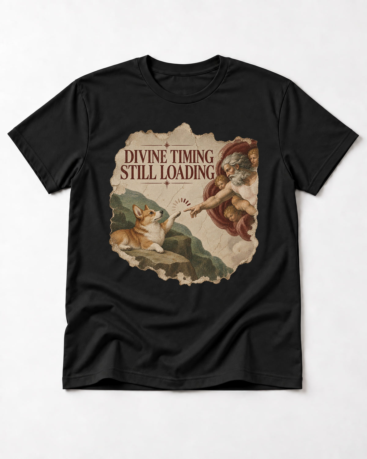 Corgi Divine Timing Still Loading Creation Parody T-Shirt in Black, flat lay product photo