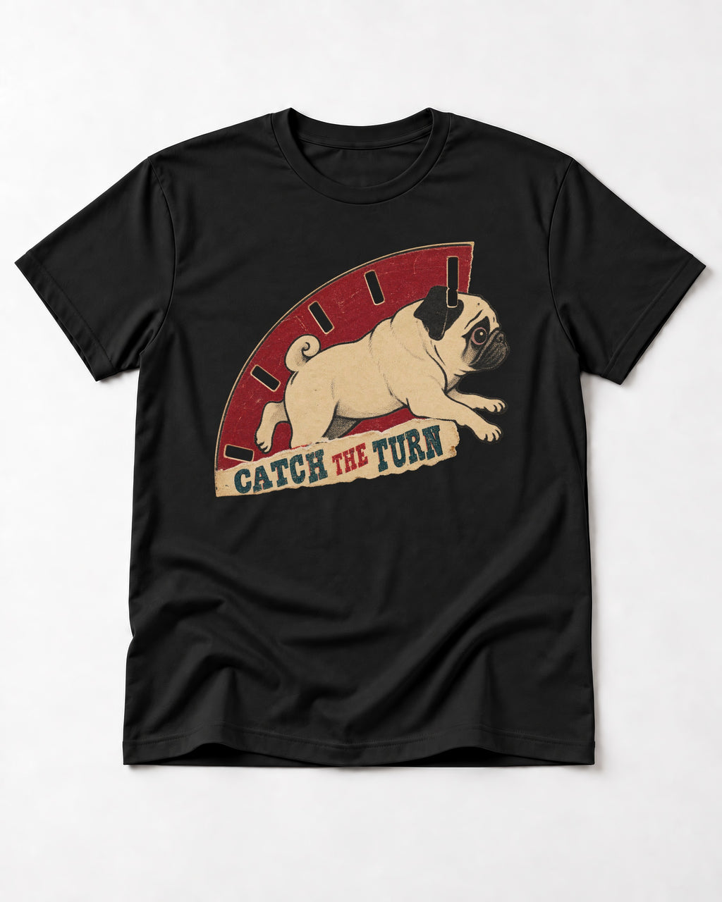 Pug Catch the Turn Track Graphic T-Shirt in Black, flat lay product photo
