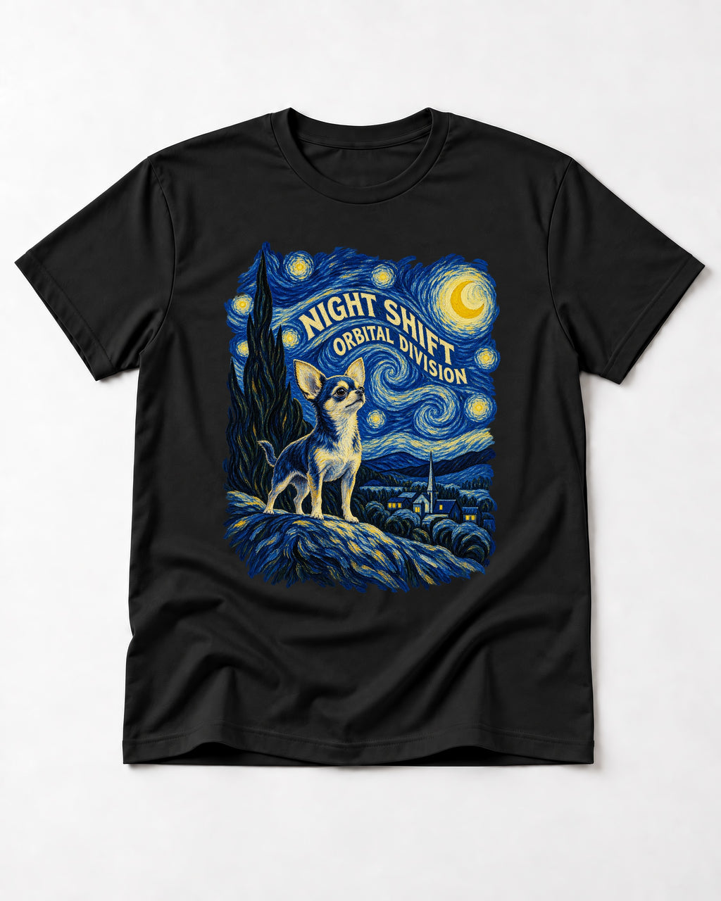 Chihuahua Night Shift Orbital Division Starry Night Graphic T-Shirt in Black, flat lay product photo