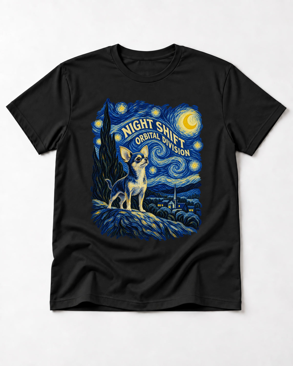 Chihuahua Night Shift Orbital Division Starry Night Graphic T-Shirt in Black, flat lay product photo