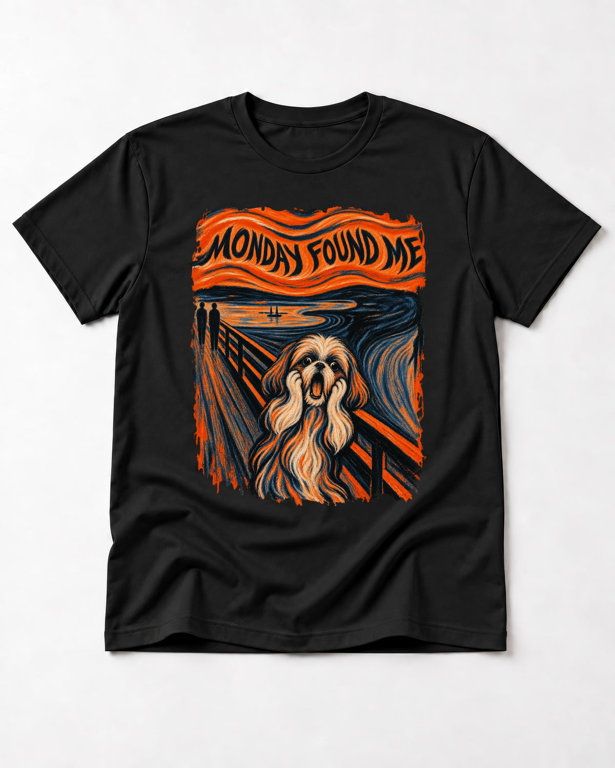 Shih Tzu Monday Found Me Scream Parody Graphic T-Shirt in Black, flat lay product photo
