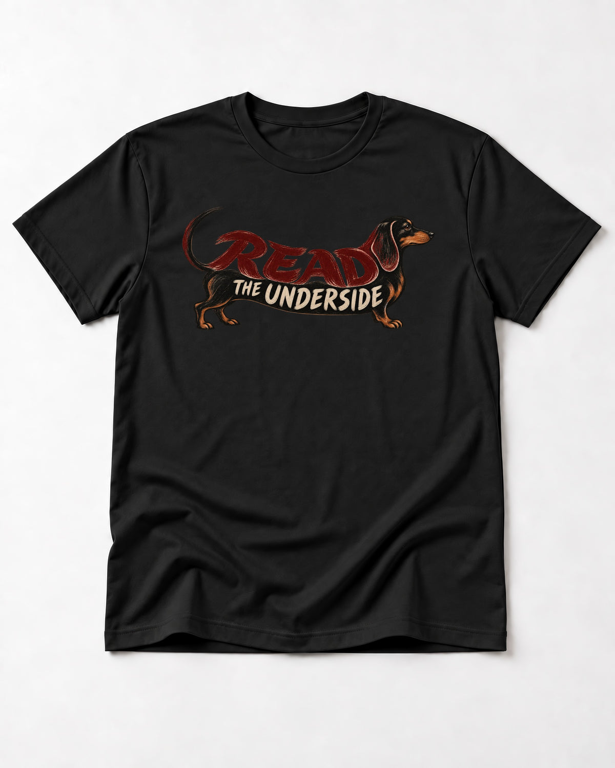 Dachshund Read The Underside Body Lettering Graphic T-Shirt in Black, flat lay product photo