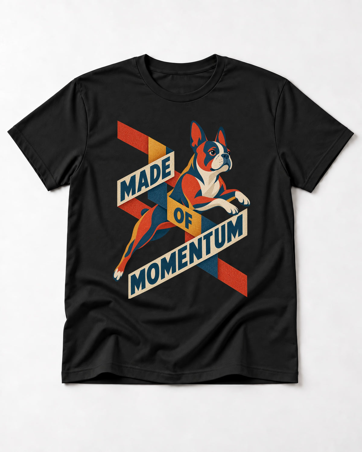 Made of Momentum Boston Terrier T-Shirt in Black, flat lay product photo
